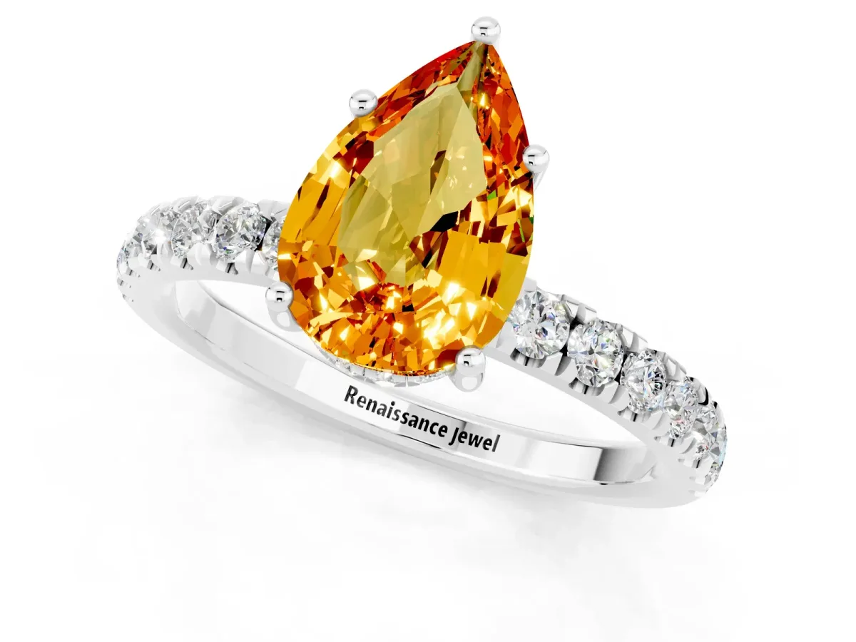 Pear Cut Citrine Pave Band Solitaire Ring with Round and Prong Setting Platinum