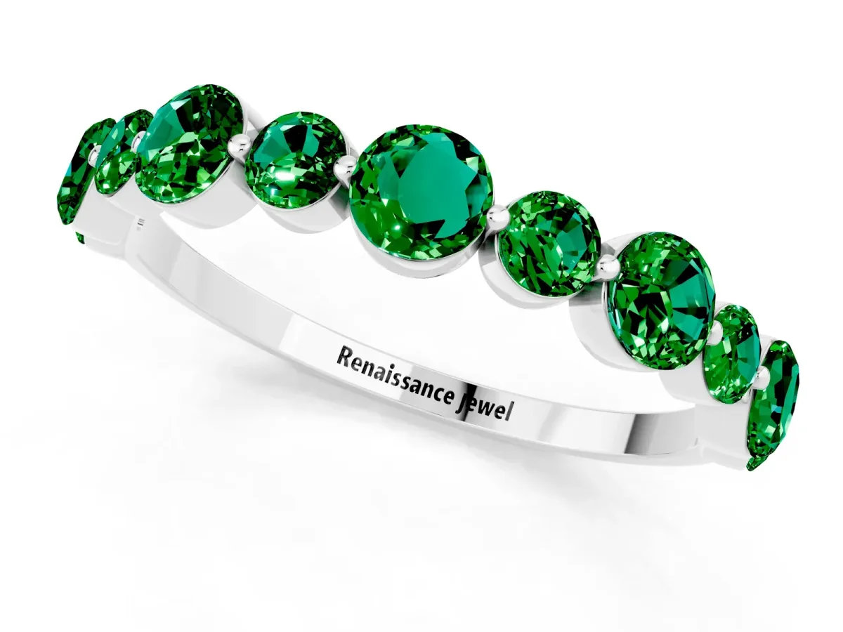 Round Emerald Scalloped Prong Set Eternity Band White gold