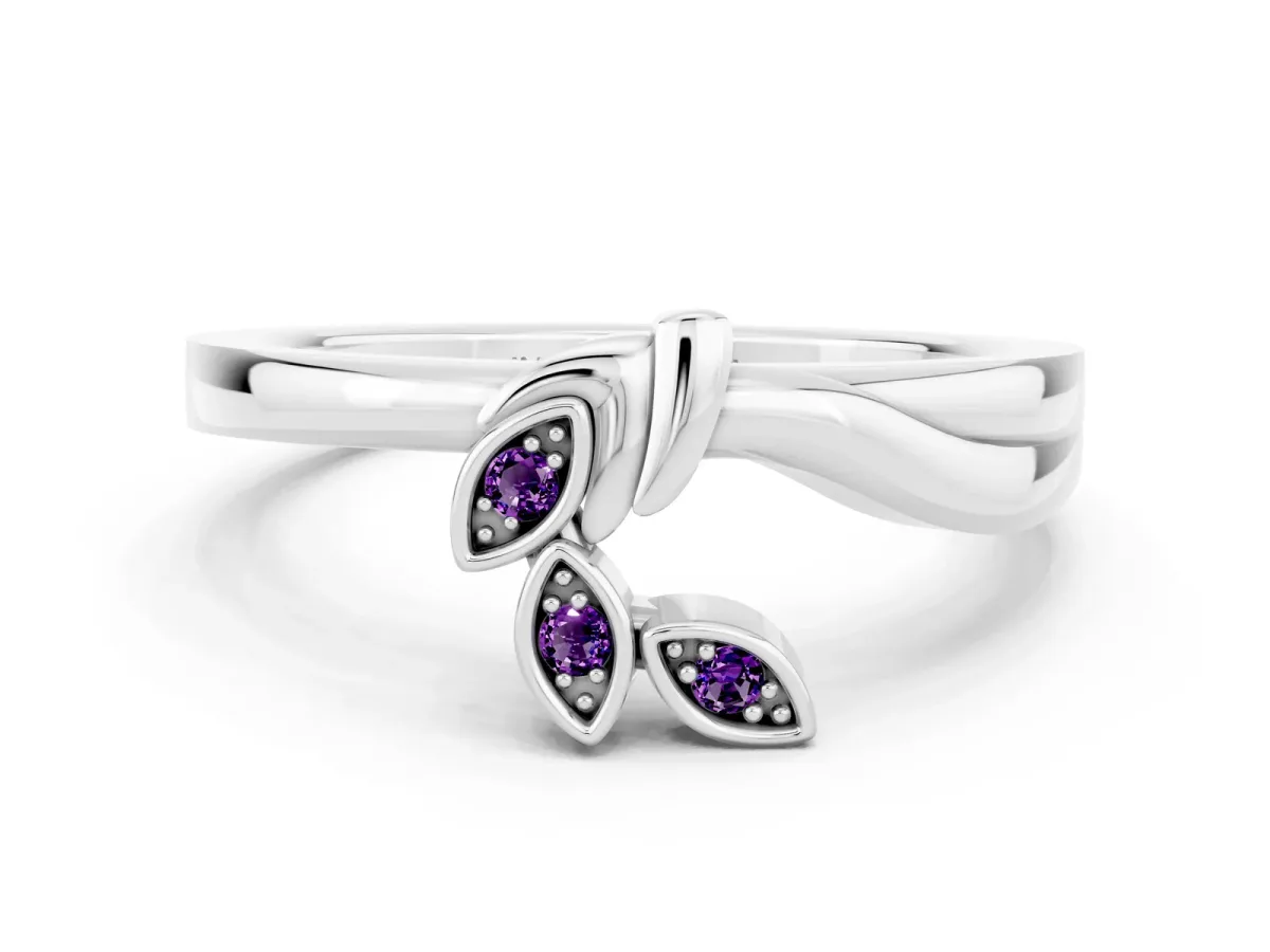 Three-Stone Round Amethyst Leaf Bypass Ring with Bezel Setting Silver