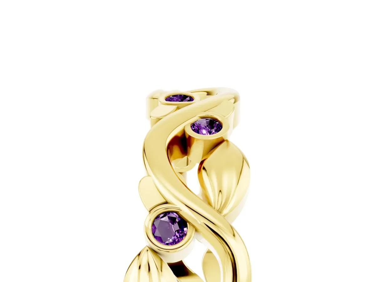 Round Amethyst Leaf Eternity Band with Bezel Setting Yellow gold