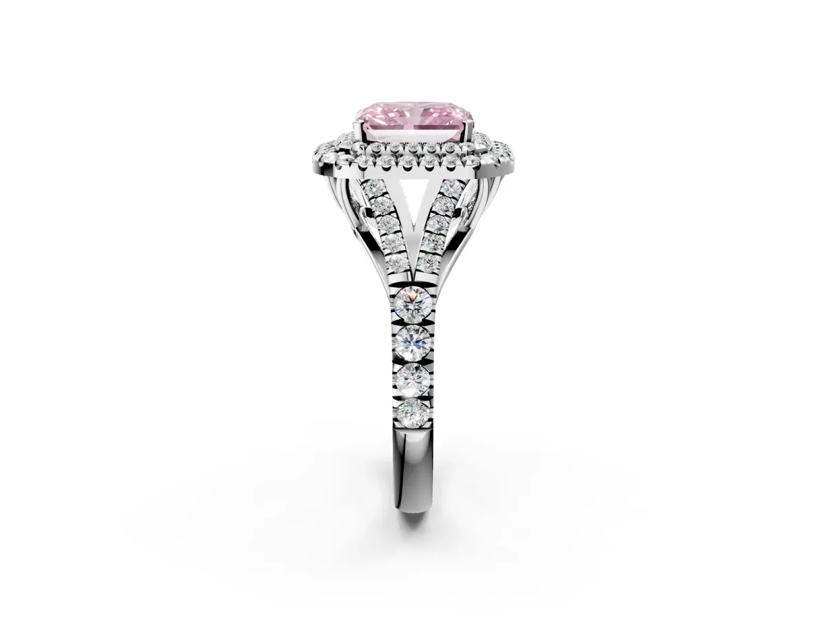 Fancy Pink Radiant Cut Diamond Pavé Split Shank Double Halo Engagement Ring Platinum