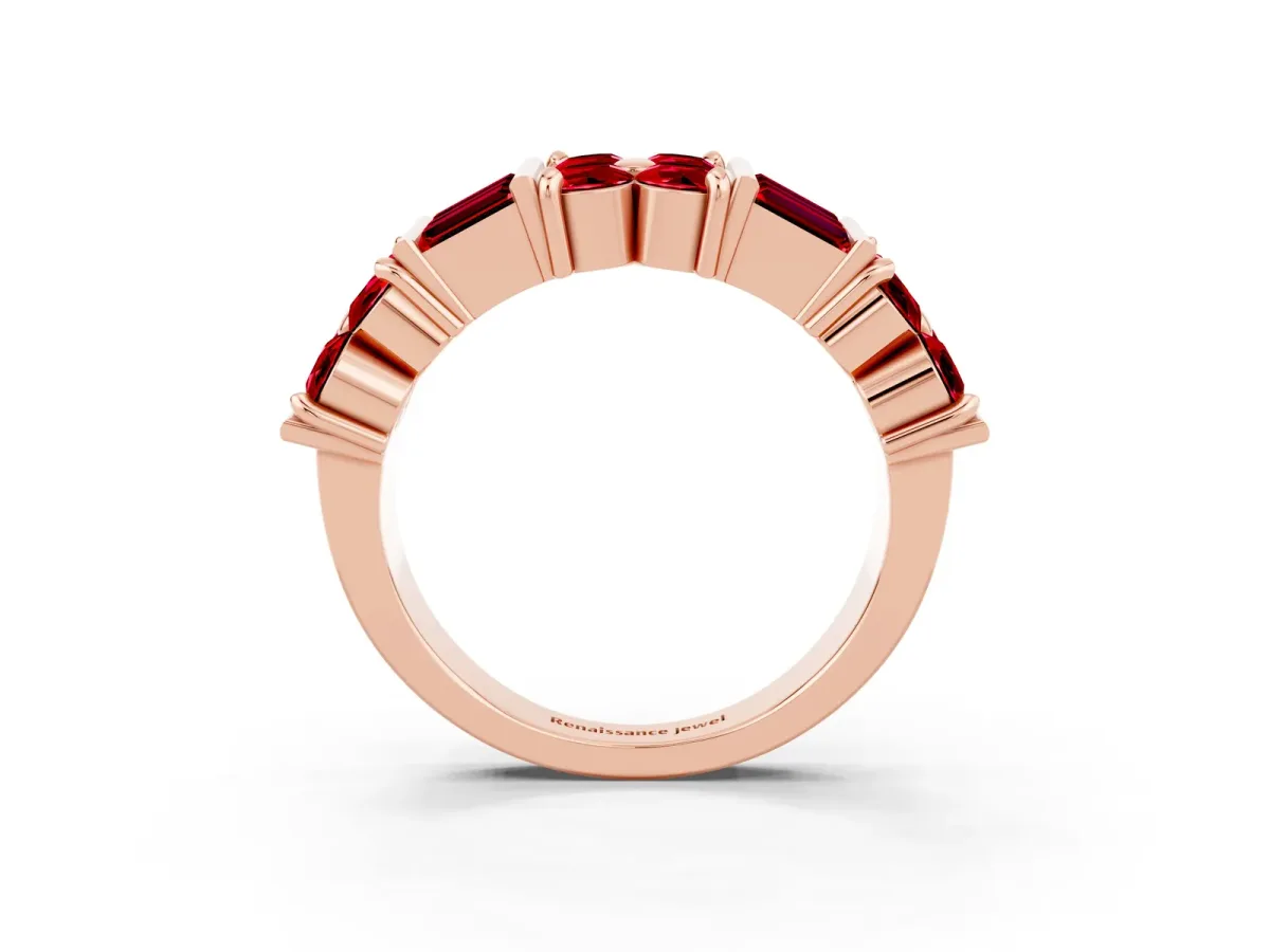 Channel Set Round and Baguette Ruby Anniversary Band with Prong Setting Rose gold