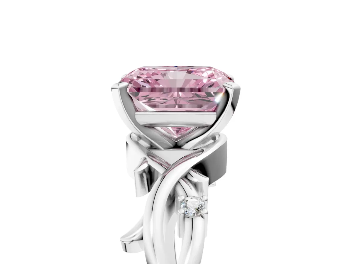 Fancy Pink Radiant Cut Diamond Solitaire Ring with Twisted Band and Prong Setting Platinum