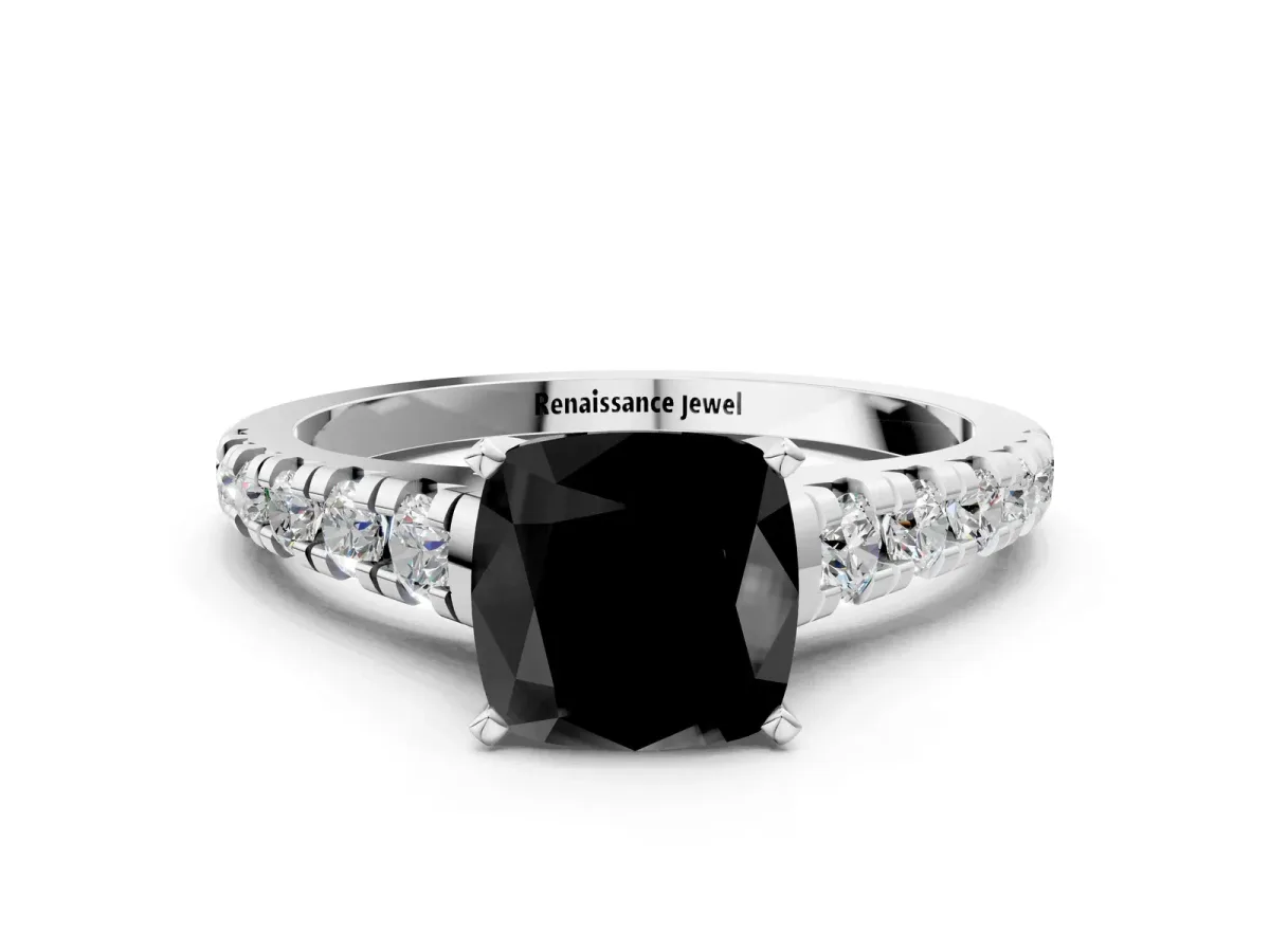 Fancy Black Cushion Cut Diamond Cathedral Solitaire Ring with Round Pavé Band Silver