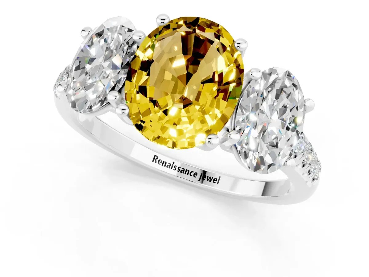 Three-Stone Oval Cut Yellow Sapphire Ring with Round Pavé Band and Prong Setting Silver