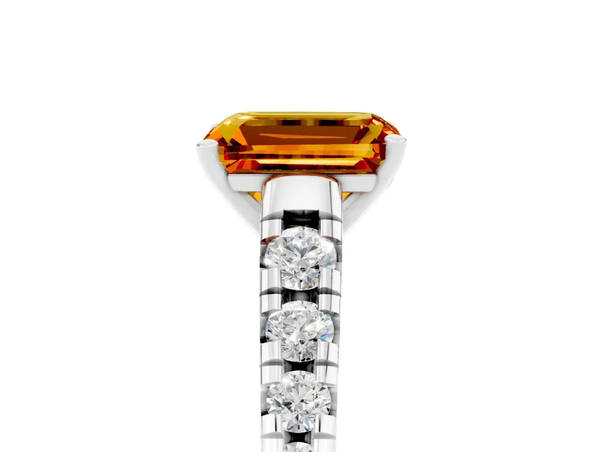 Emerald Cut Citrine Cathedral Solitaire Ring with Round Pavé Band White gold