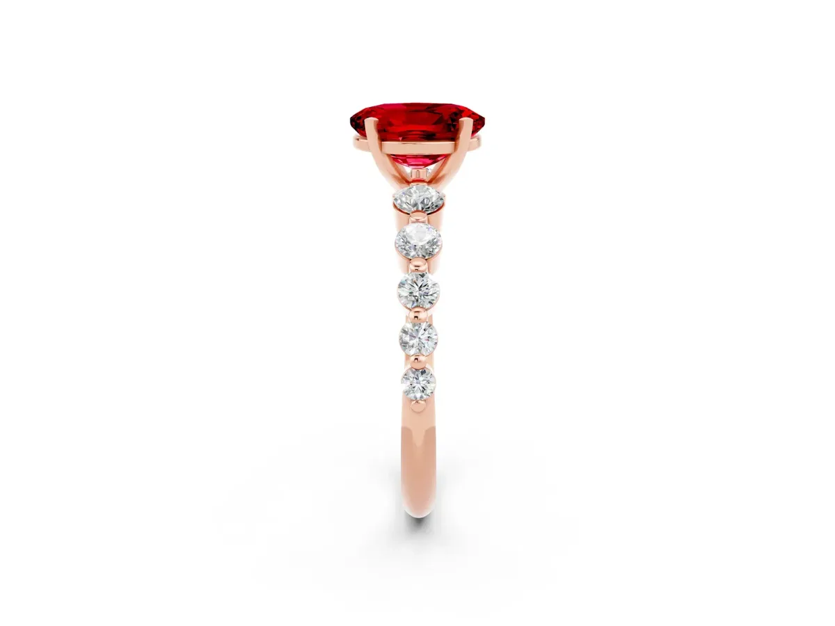 Oval Cut Solitaire Ruby Ring with Pave Band and Four-Prong Setting Rose gold
