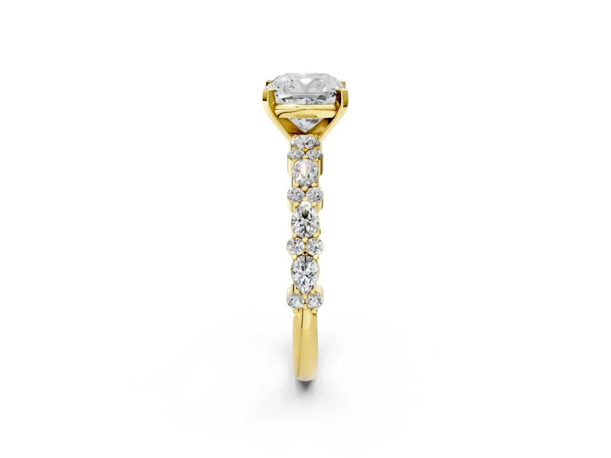 Cushion Cut Diamond Side Stone Solitaire Ring with Round and Four-Prong Setting Yellow gold