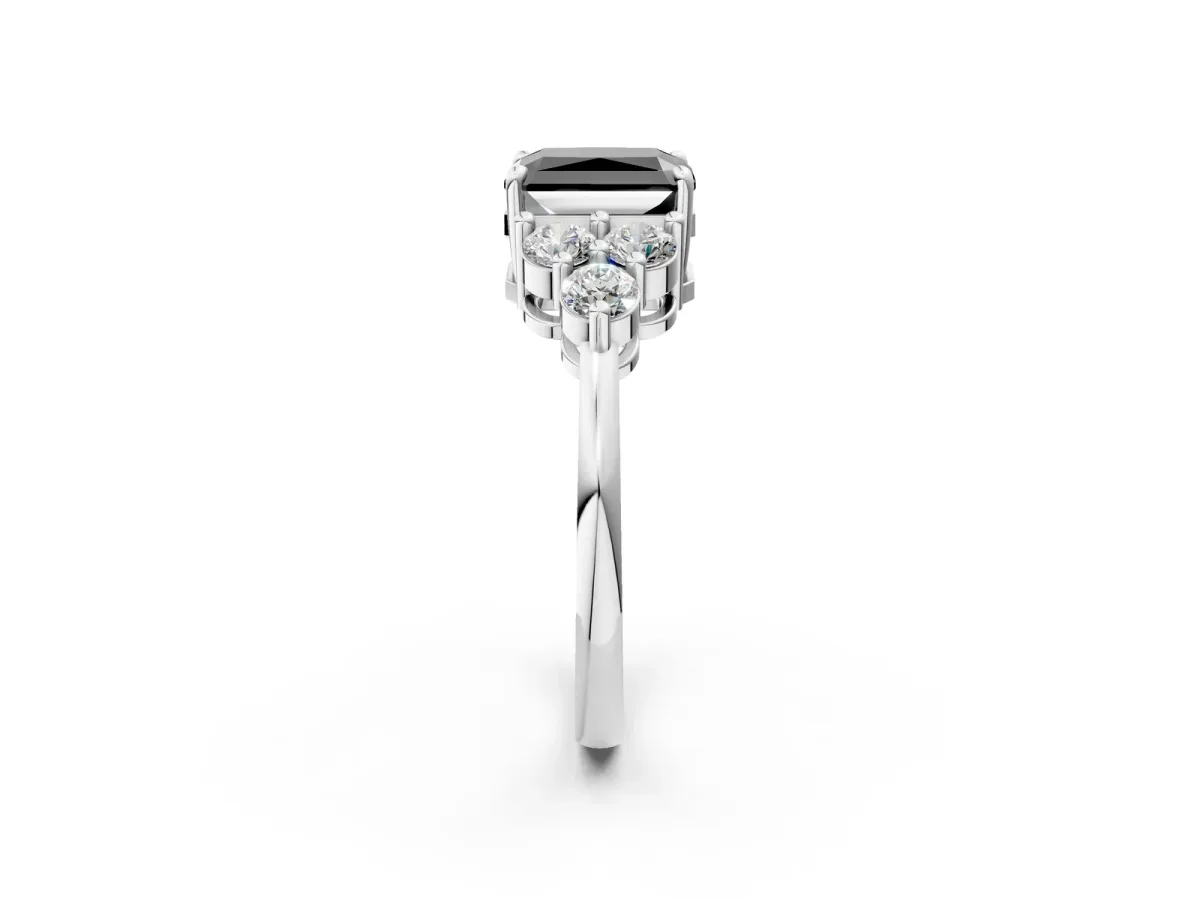 Fancy Black Radiant Cut Brilliant Diamond Cluster Accent Solitaire Ring with Prong Setting Platinum