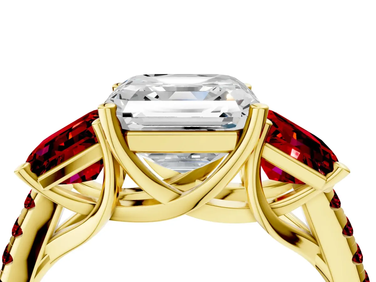 Three-Stone Asscher Cut Diamond Ring with Round Ruby Pavé Band and Prong Setting Yellow gold