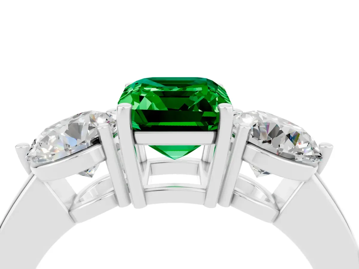 Emerald Cut Emerald Three-Stone Ring with Prong Setting and Classic Band White gold