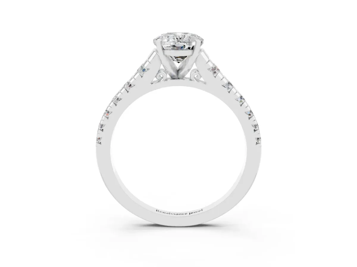 Oval Cut Moissanite Cathedral Solitaire Ring with Round Pavé Band Silver