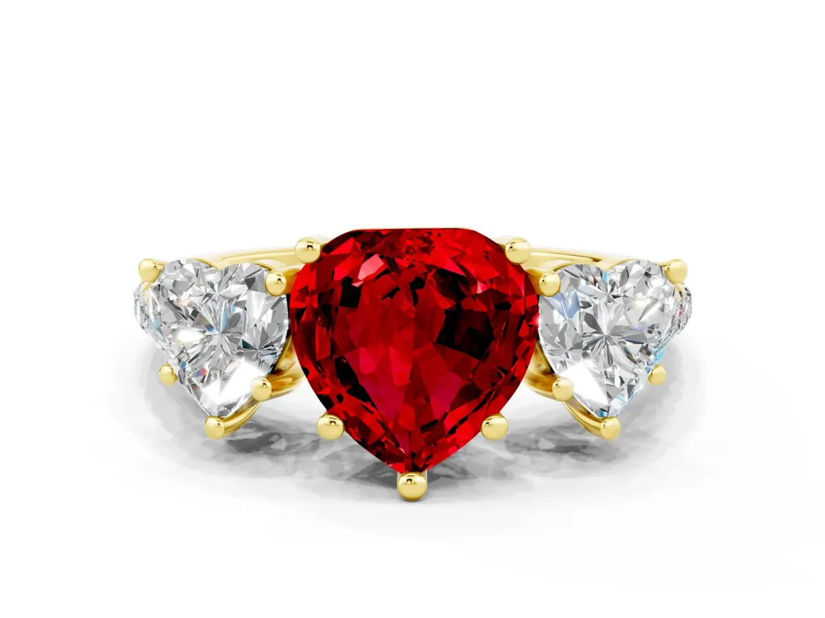 Three-Stone Heart Cut Ruby Ring with Round Pavé Band and Prong Setting Yellow gold