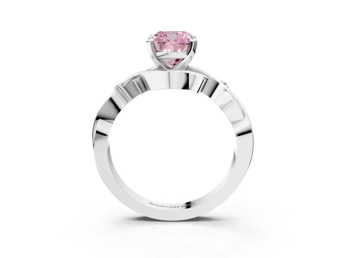 Fancy Pink Cushion Cut Diamond Solitaire Ring with Twisted Band and Prong Setting Silver