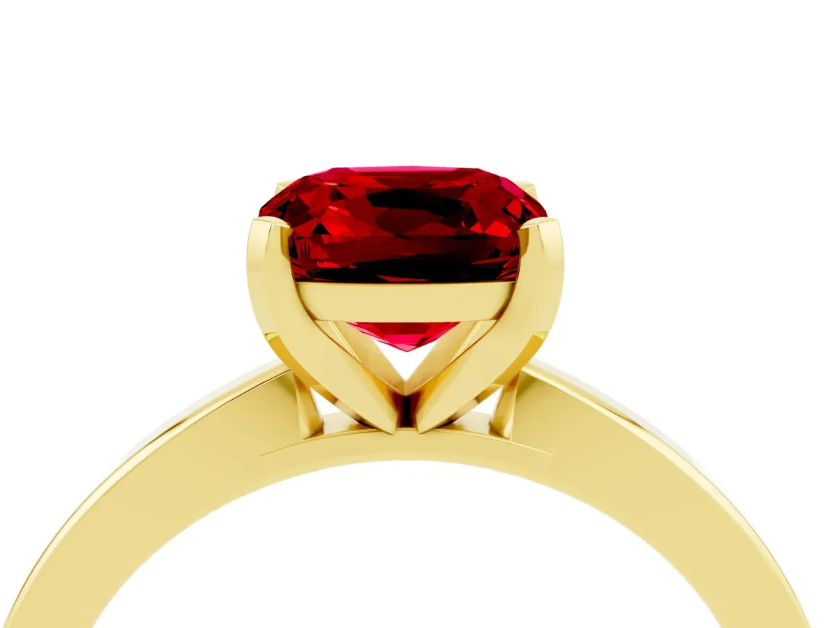 Cushion Cut Ruby Solitaire Engagement Ring with Classic Band and Four-Prong Setting Yellow gold