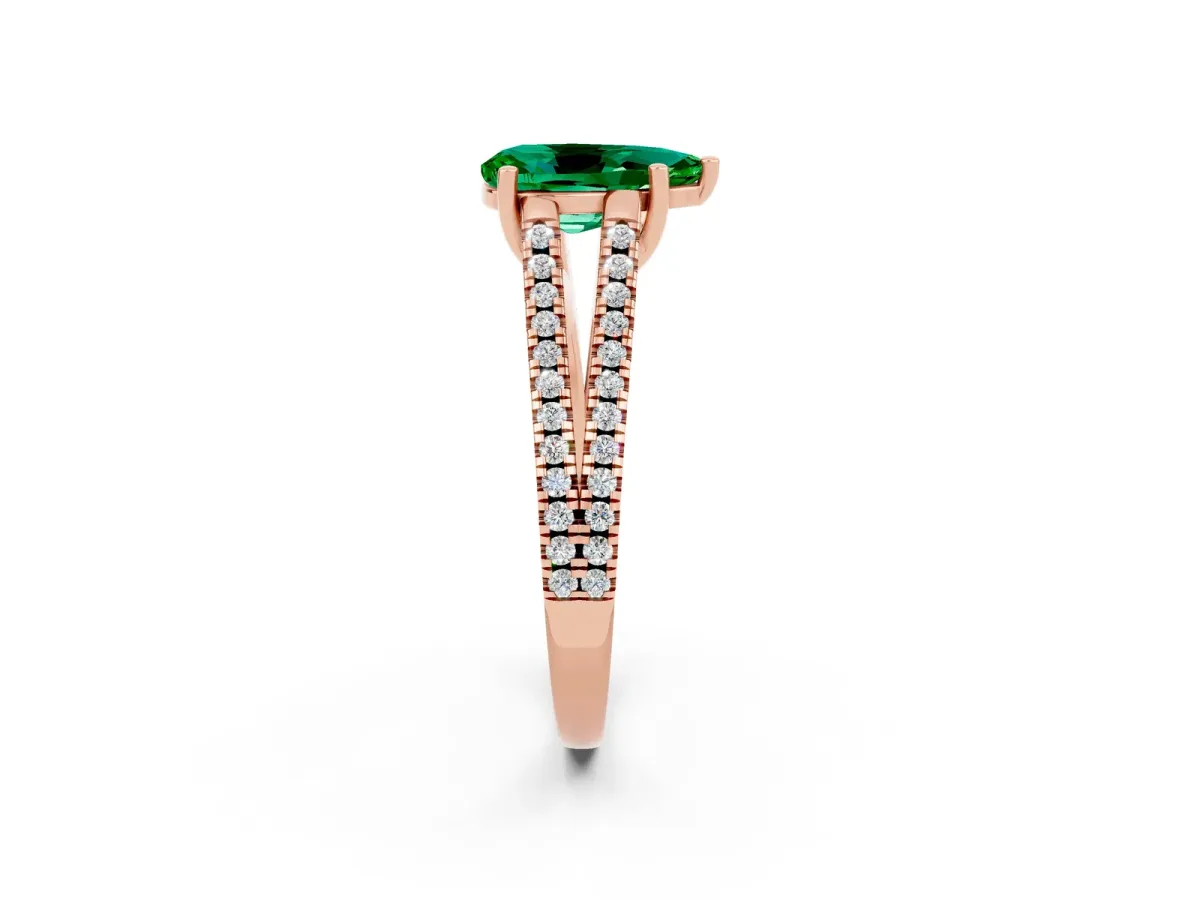Pear Cut Emerald Solitaire Engagement Ring with Split Shank Pavé Band Rose gold
