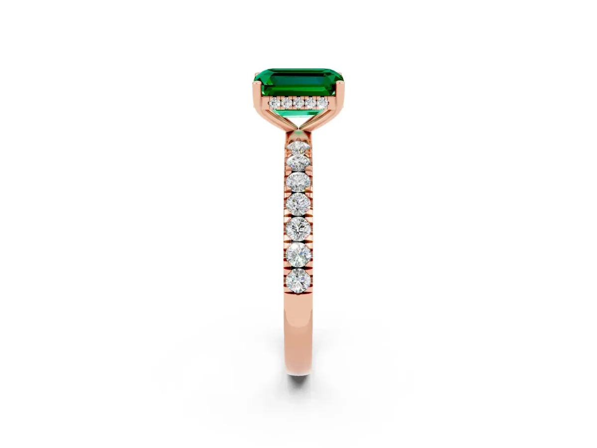Emerald Cut Emerald Pave Band Solitaire Ring with Round and Prong Setting Rose gold