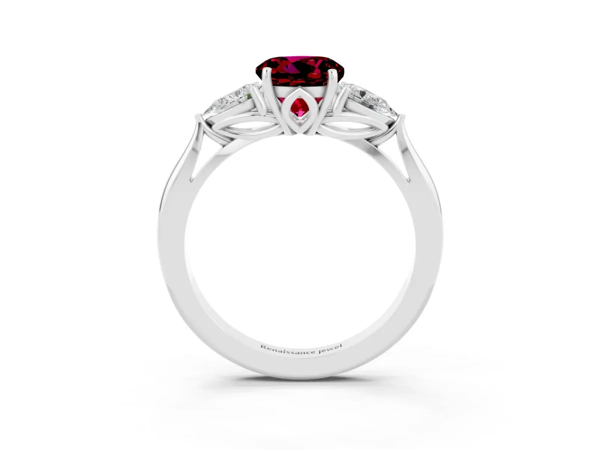 Three-Stone Round Cut Garnet Ring with Pear Side Stones in Four-Prong Setting Platinum