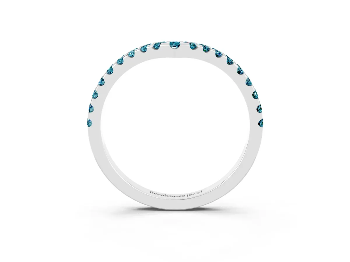 Pavé Round Blue Topaz Chevron Band with Shared Prong Setting Platinum