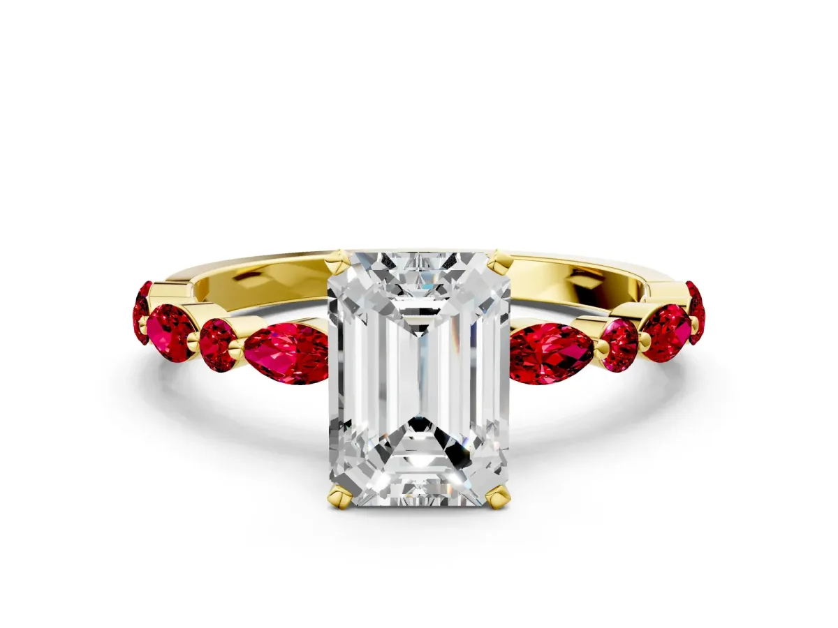 Emerald Cut Diamond Ring with Marquise and Round Ruby Side Stones and Four-Prong Setting Yellow gold