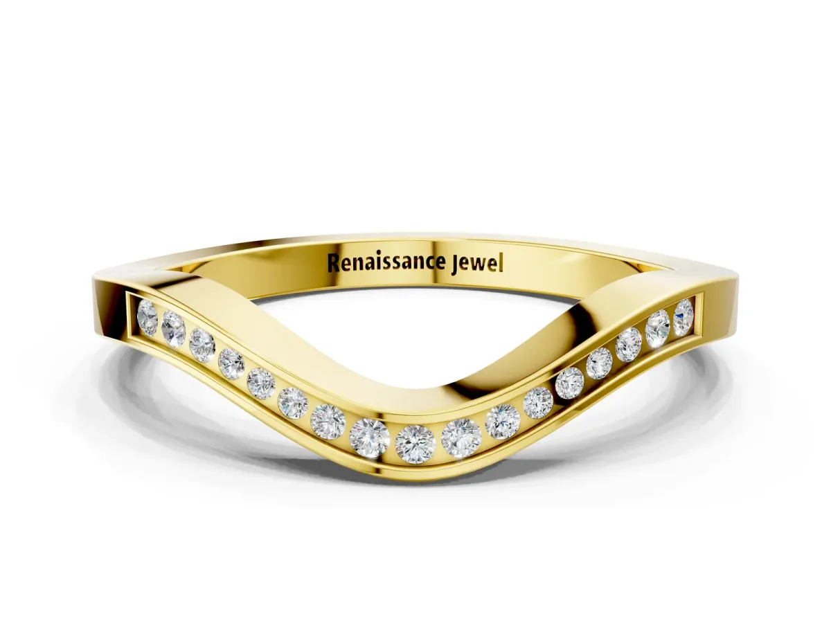 Round Cut Channel Set Wave Band with Pavé Setting Yellow gold