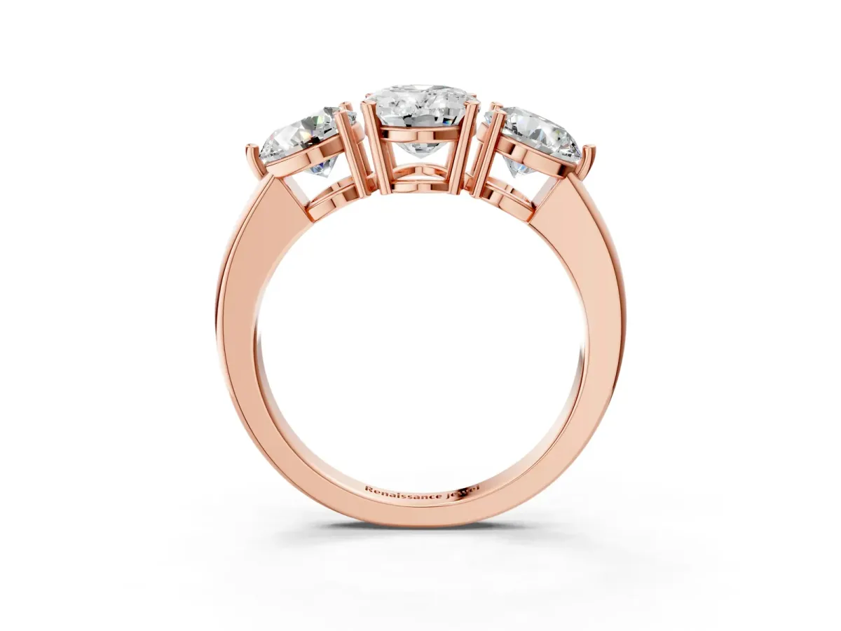 Oval Cut Diamond Three-Stone Ring with Prong Setting and Classic Band Rose gold