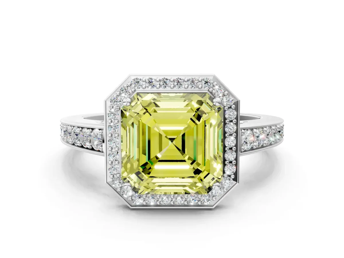 Fancy Yellow Asscher Cut Halo Pavé Diamond Engagement Ring with Bezel Setting Silver