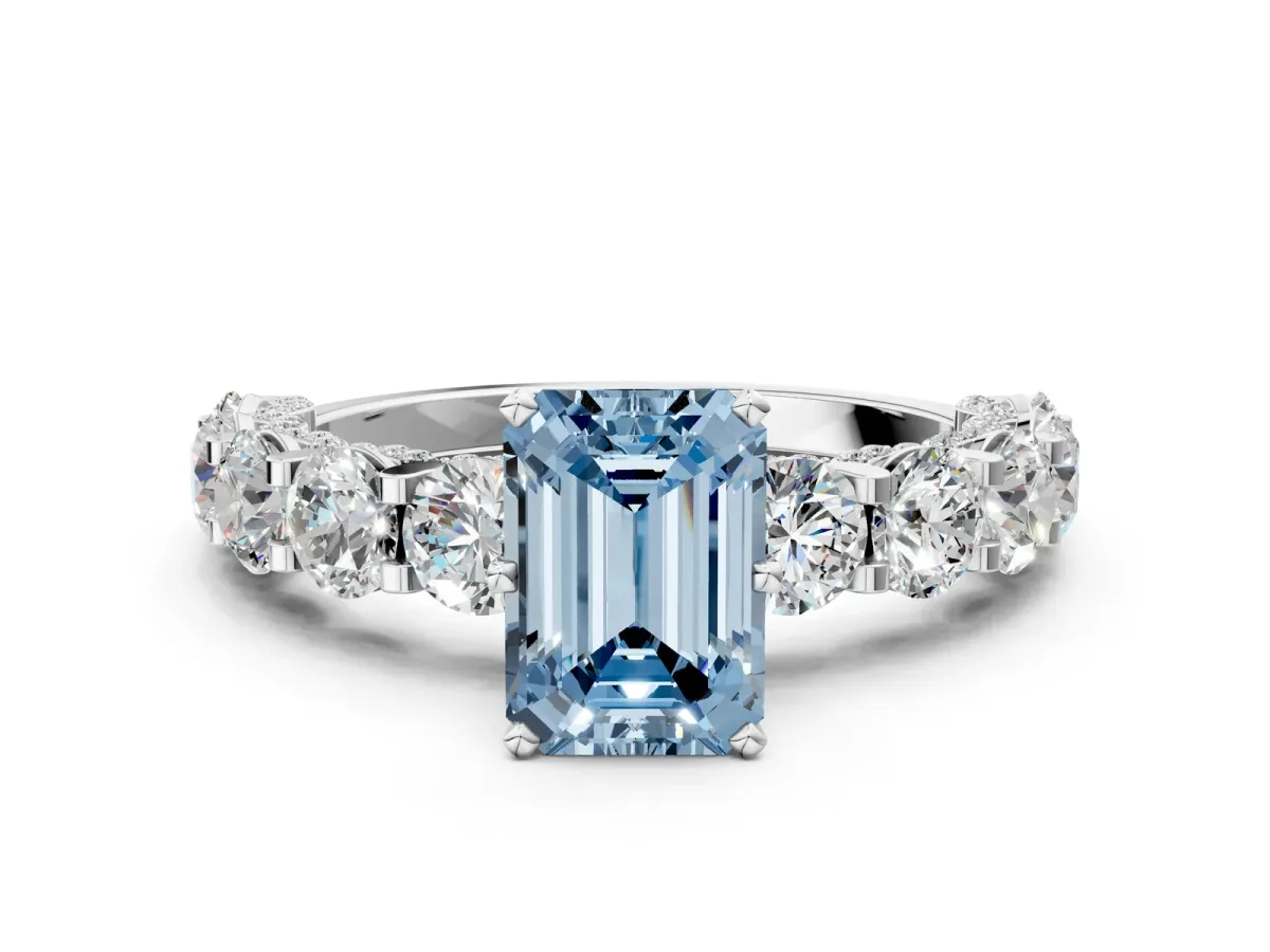 Fancy Blue Emerald Cut Diamond Side Stone Engagement Ring with Four-Prong Setting White gold
