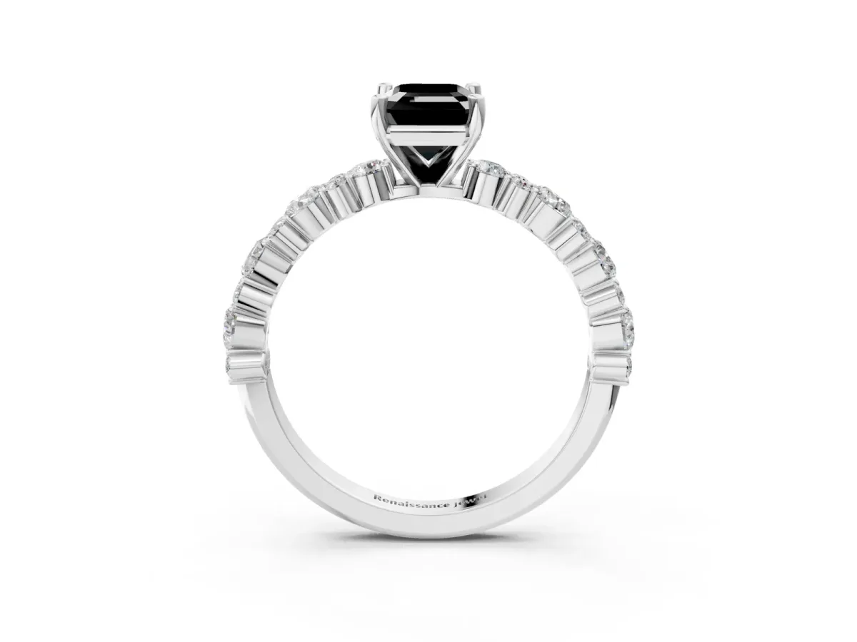 Fancy Black Emerald Cut Diamond Side Stone Solitaire Ring with Round and Four-Prong Setting Platinum