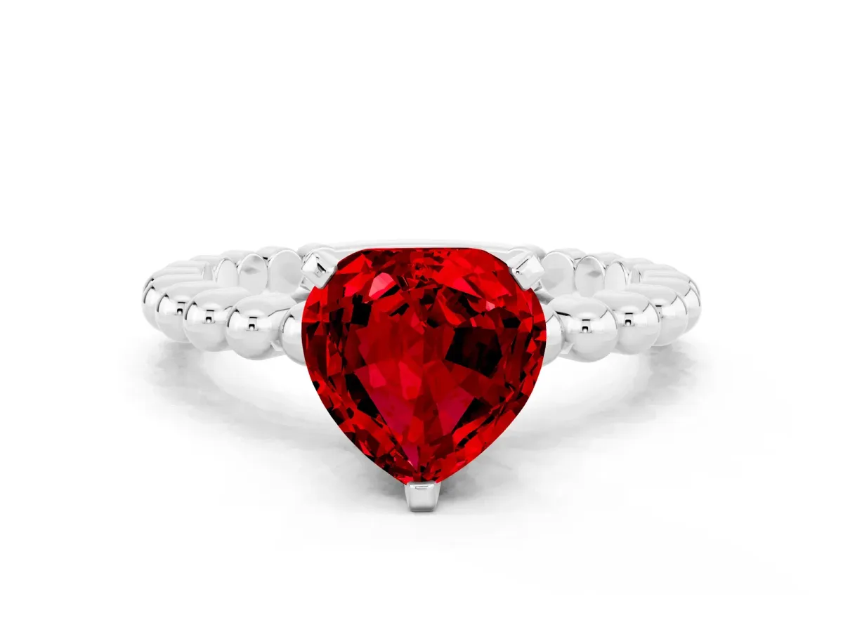 Heart Cut Ruby Solitaire Ring with Beaded Band and Prong Setting Platinum