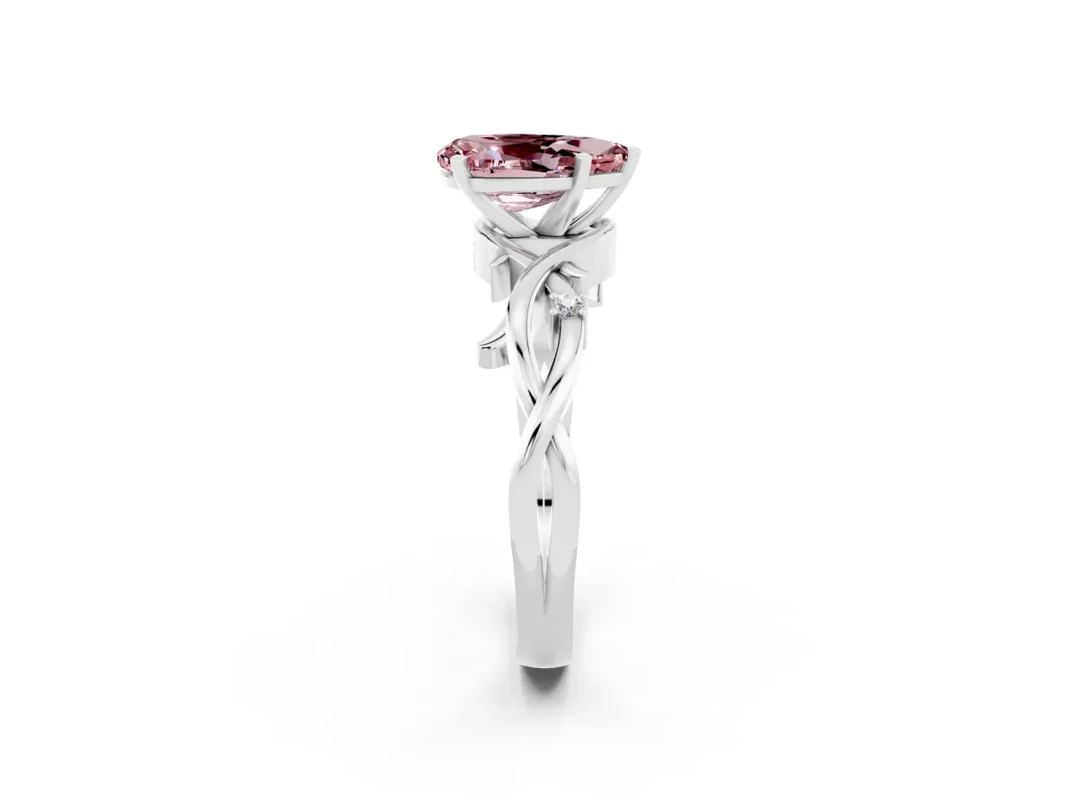 Pear Cut Morganite Solitaire Ring with Twisted Band and Prong Setting White gold