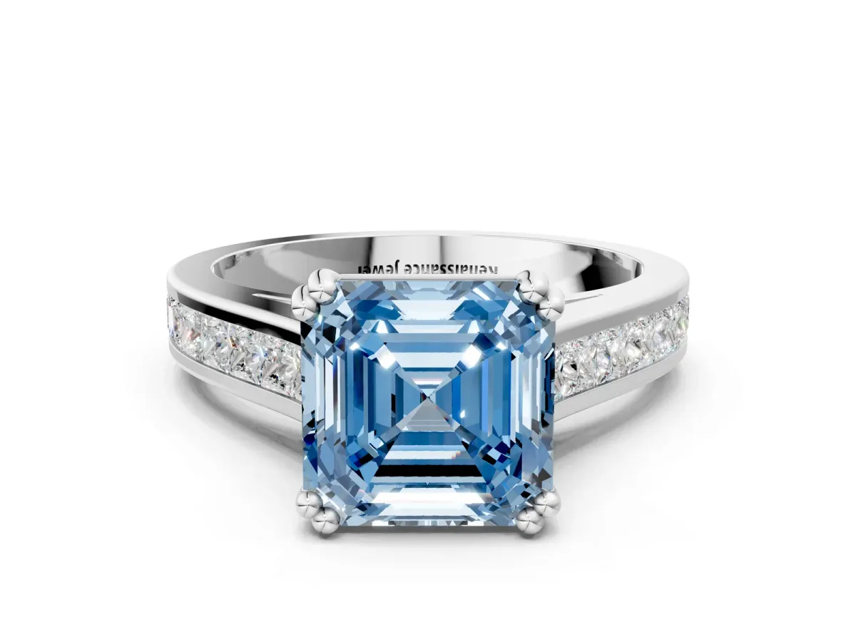 Fancy Blue Asscher Cut Cut Channel Set Solitaire Engagement Ring with Prong Setting Platinum