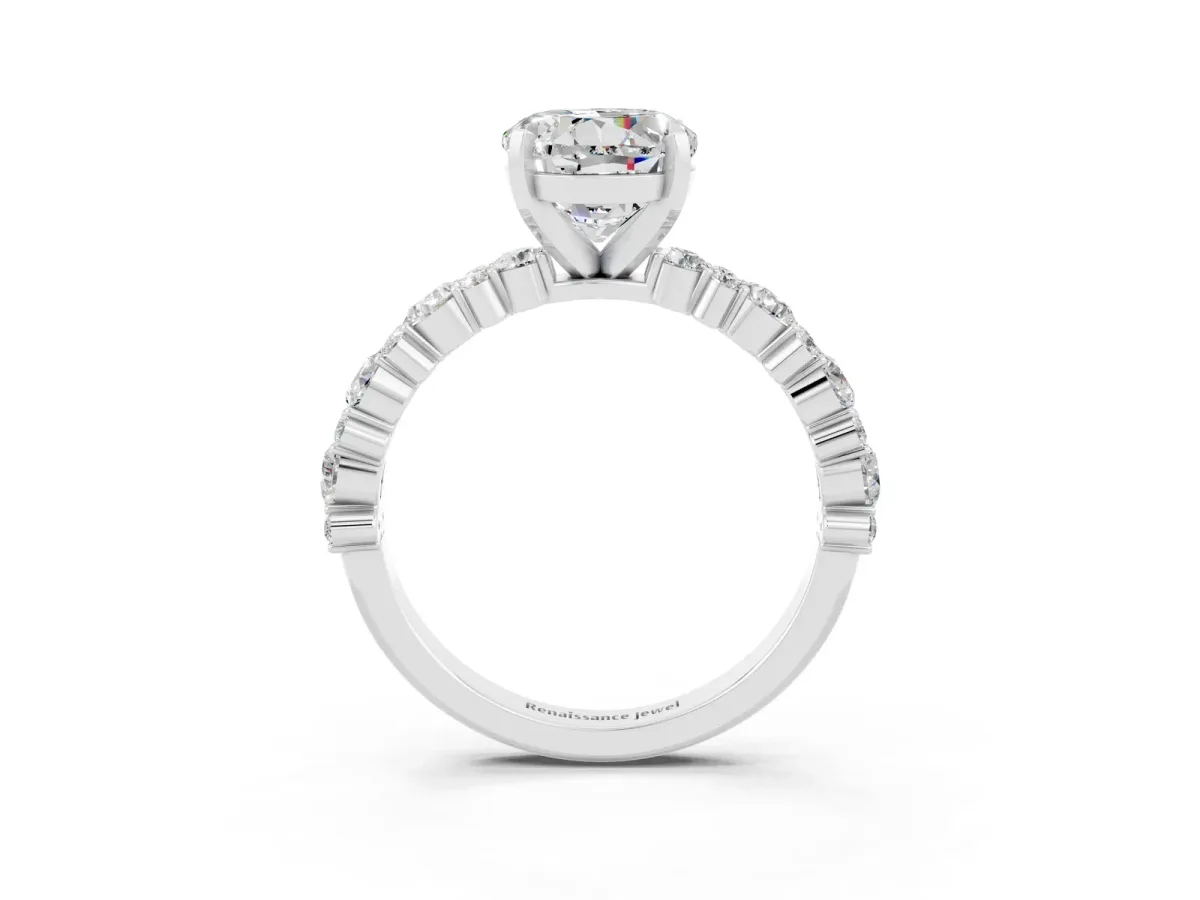Round Cut Moissanite Side Stone Solitaire Ring with Round and Four-Prong Setting White gold