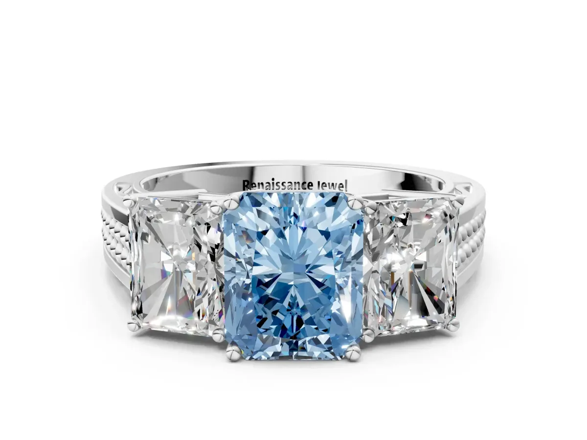 Fancy Blue Radiant Cut Diamond Three-Stone Ring with Prong Setting and Textured Band Platinum