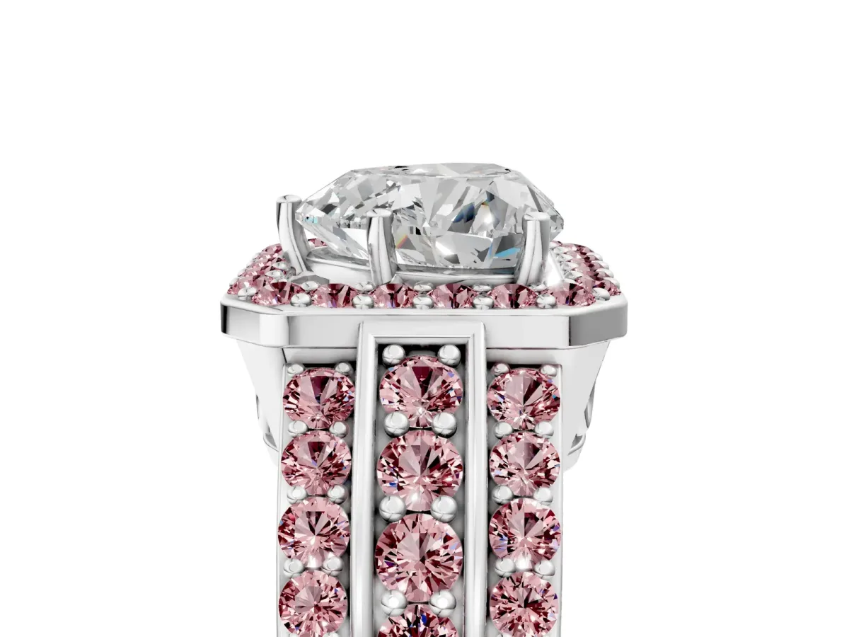 Heart Cut Halo Diamond Ring with Round Morganite Split Shank and Prong Setting Silver