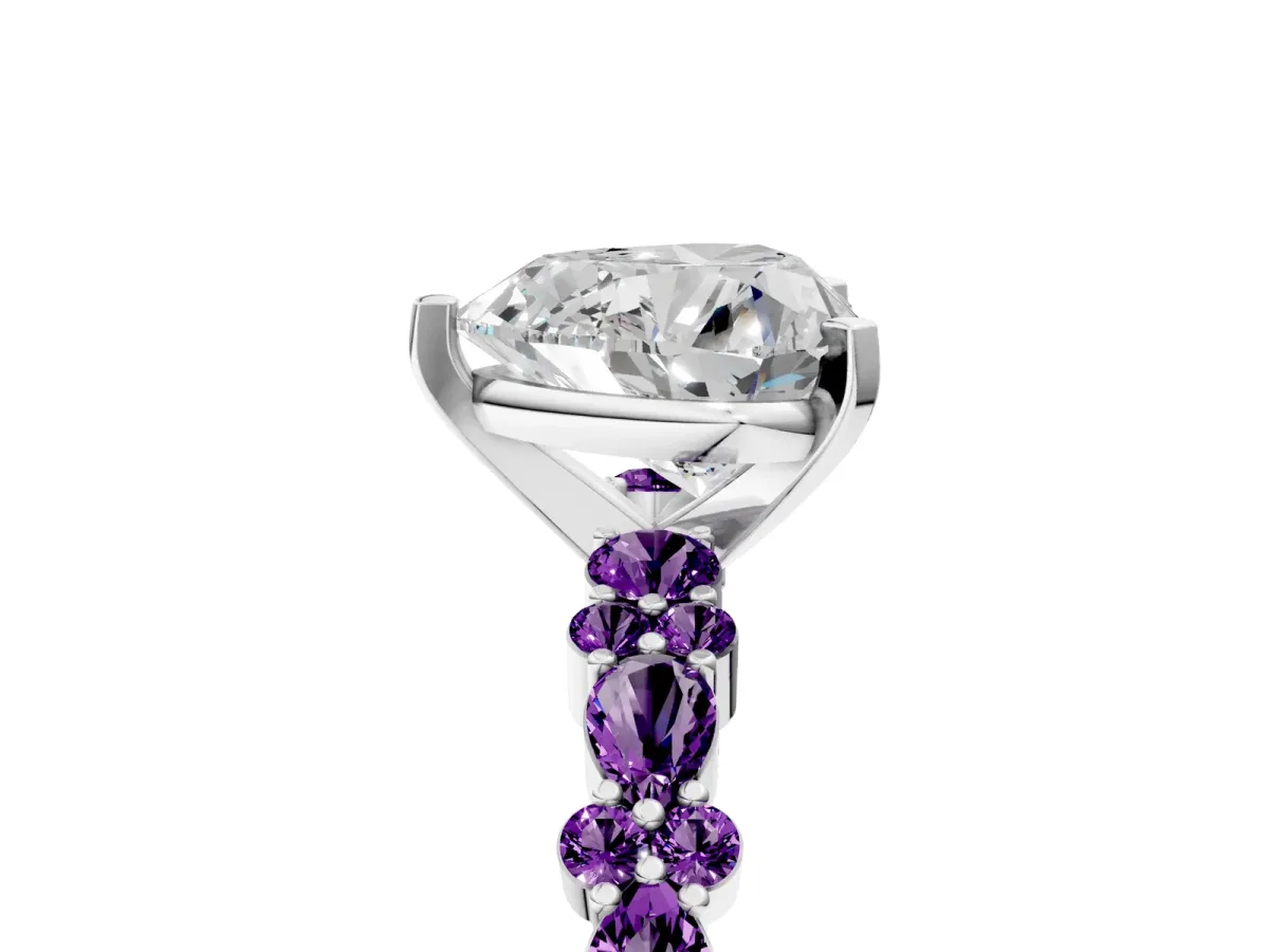 Heart Cut Diamond Side Stone Solitaire Ring with Round Amethyst and Four-Prong Setting Silver