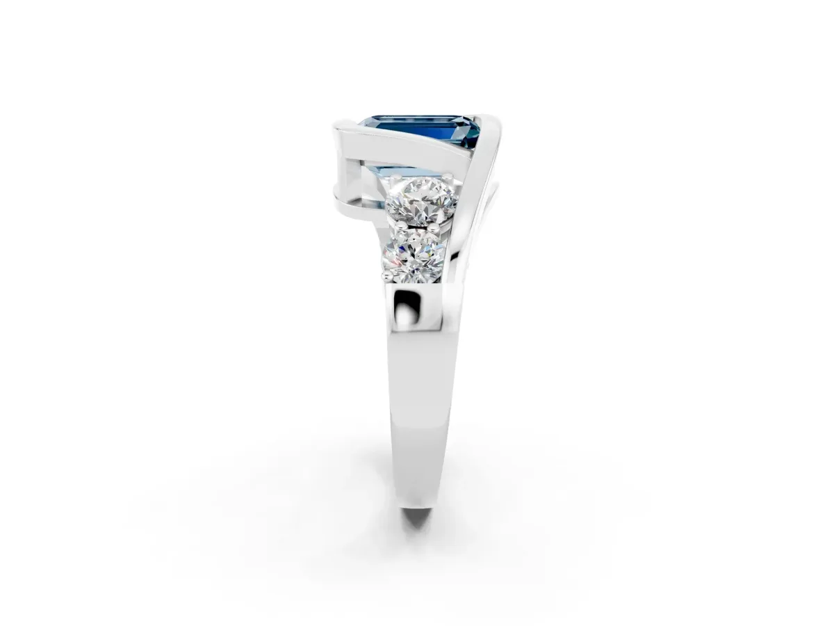 Bezel Set Emerald Cut Aquamarine Bypass Ring with Round Accents Platinum