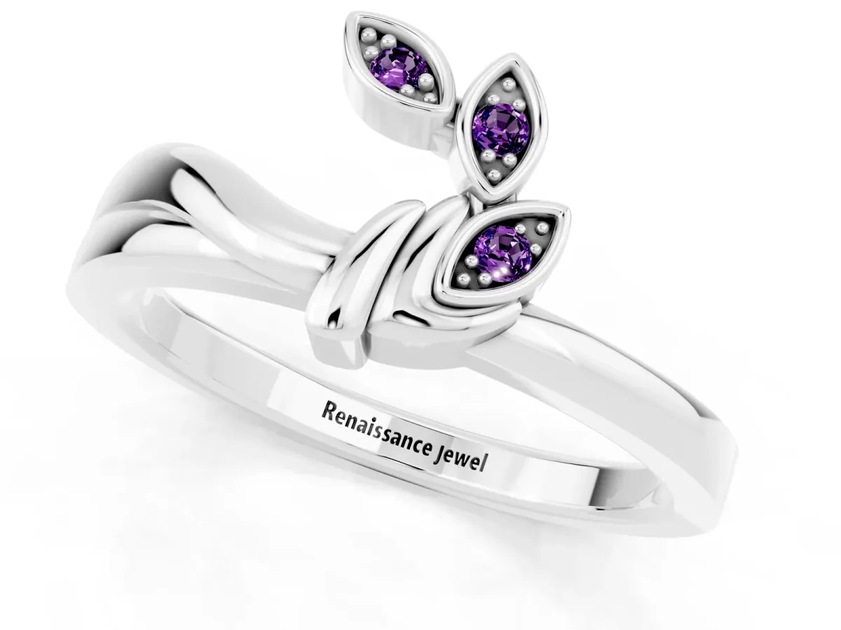 Three-Stone Round Amethyst Leaf Bypass Ring with Bezel Setting Silver