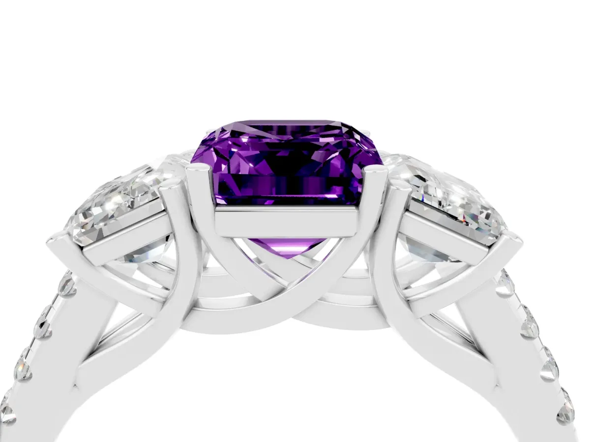 Three-Stone Emerald Cut Amethyst Ring with Round Pavé Band and Prong Setting Platinum
