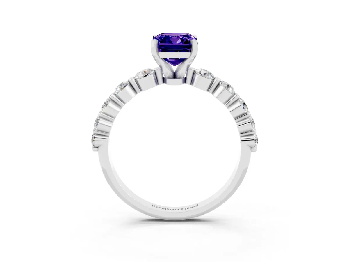 Emerald Cut Solitaire Tanzanite Ring with Pave Band and Four-Prong Setting Silver