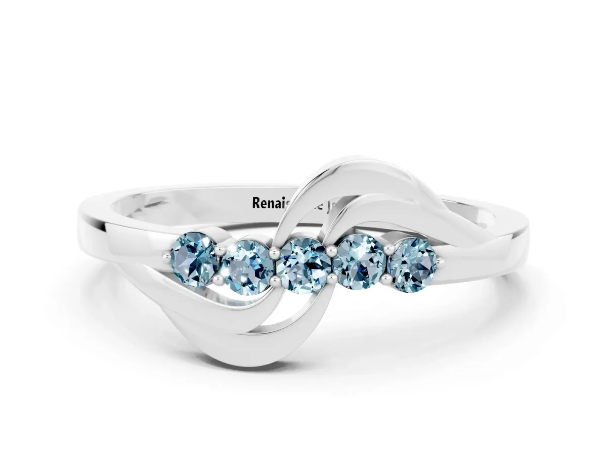 Five-Stone Round Aquamarine Crossover Band with Prong Setting Platinum