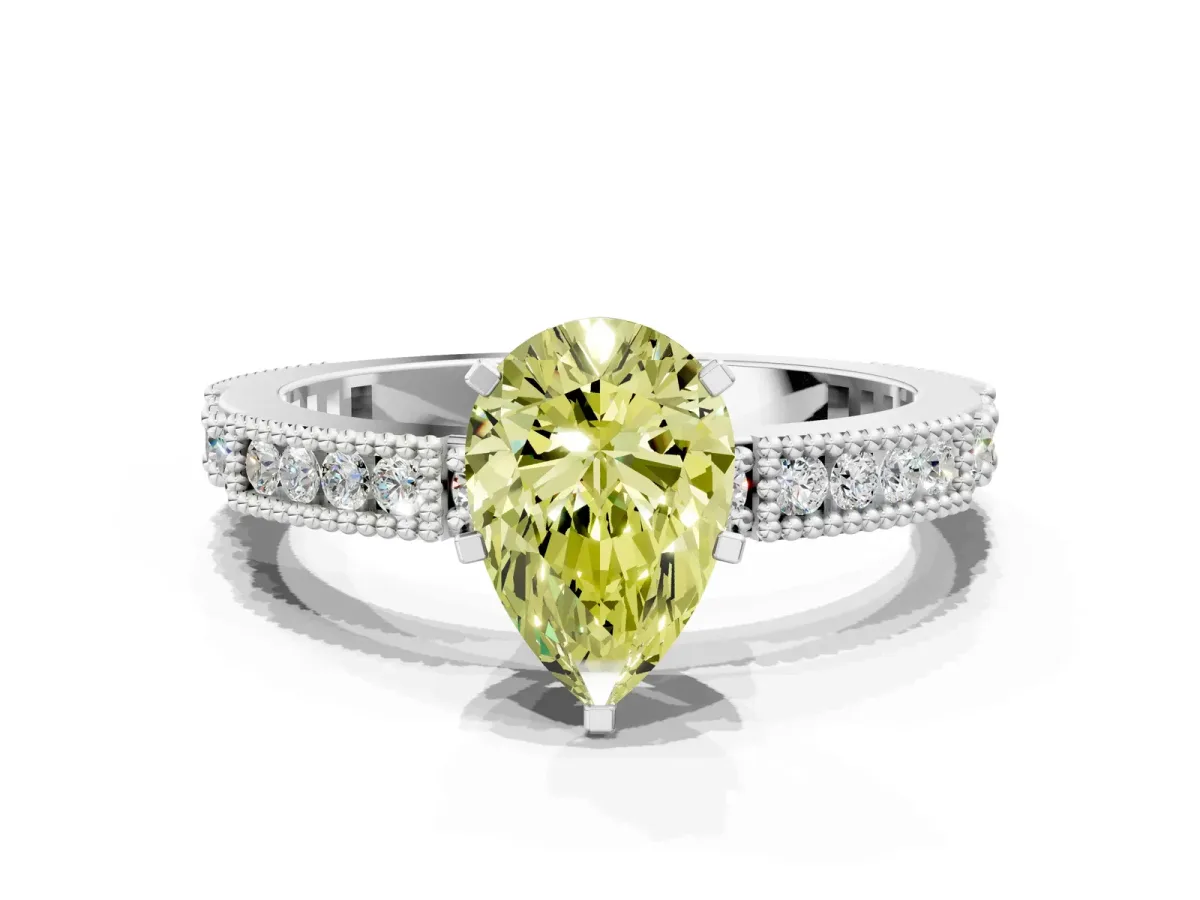 Fancy Yellow Pear Cut Solitaire with Pavé Band and Four-Prong Setting Silver