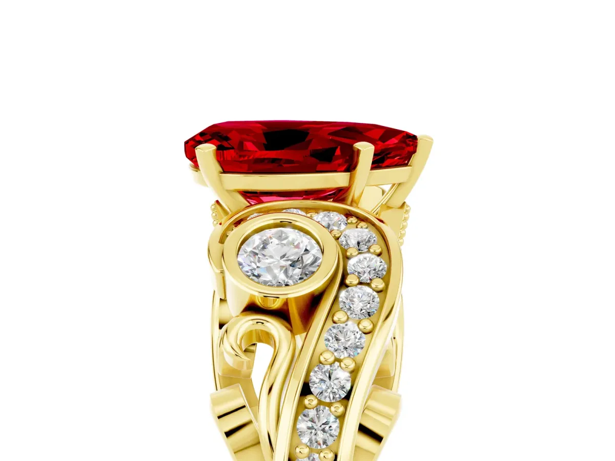 Pear Cut Ruby Solitaire Ring with Milgrain Pavé Band and Four-Prong Setting Yellow gold