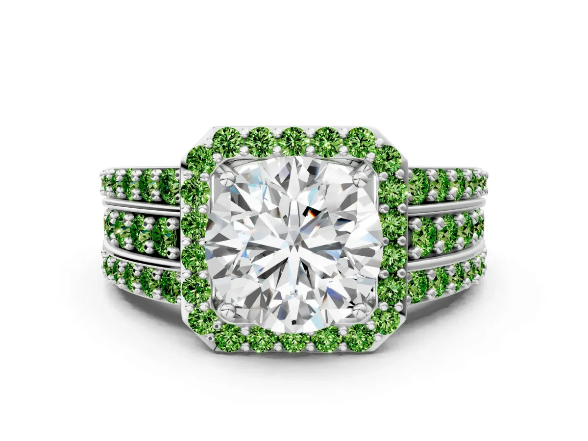 Round Cut Halo Diamond Ring with Round Peridot Split Shank and Prong Setting White gold