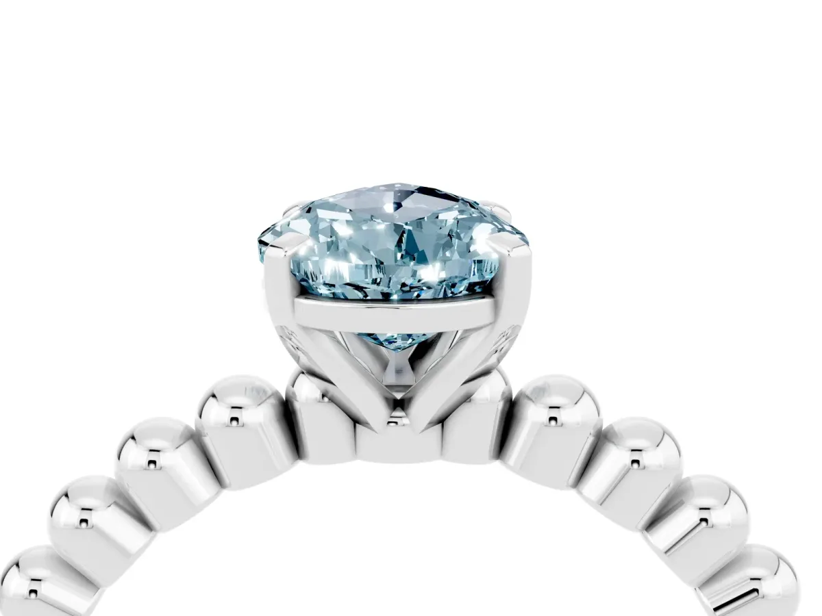 Pear Cut Aquamarine Solitaire Ring with Beaded Band and Prong Setting Silver