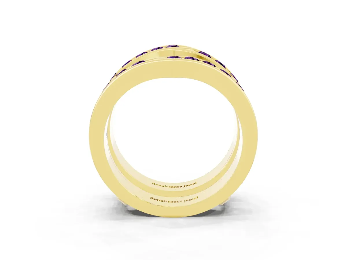 Round Amethyst Channel-Set Chevron Band Yellow gold