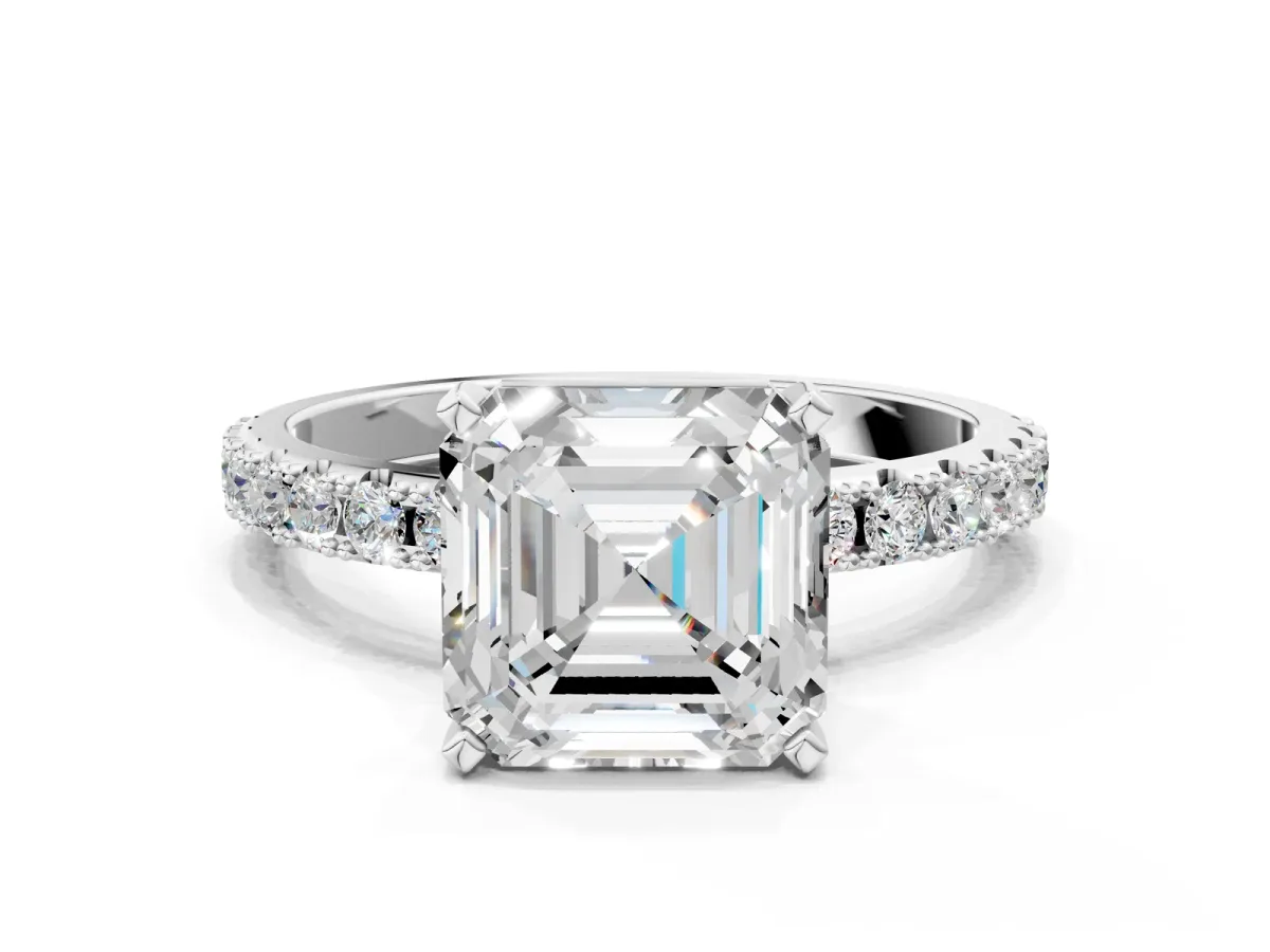 Asscher Cut Diamond Solitaire Pavé Band with Four-Prong Setting Silver