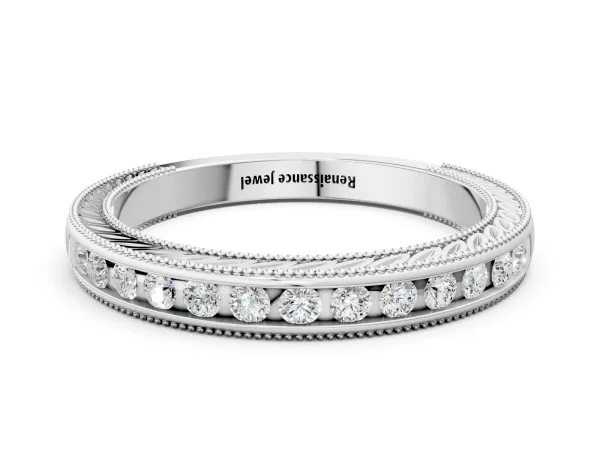 Channel Set Round Diamond Milgrain Edge Wedding Band Platinum