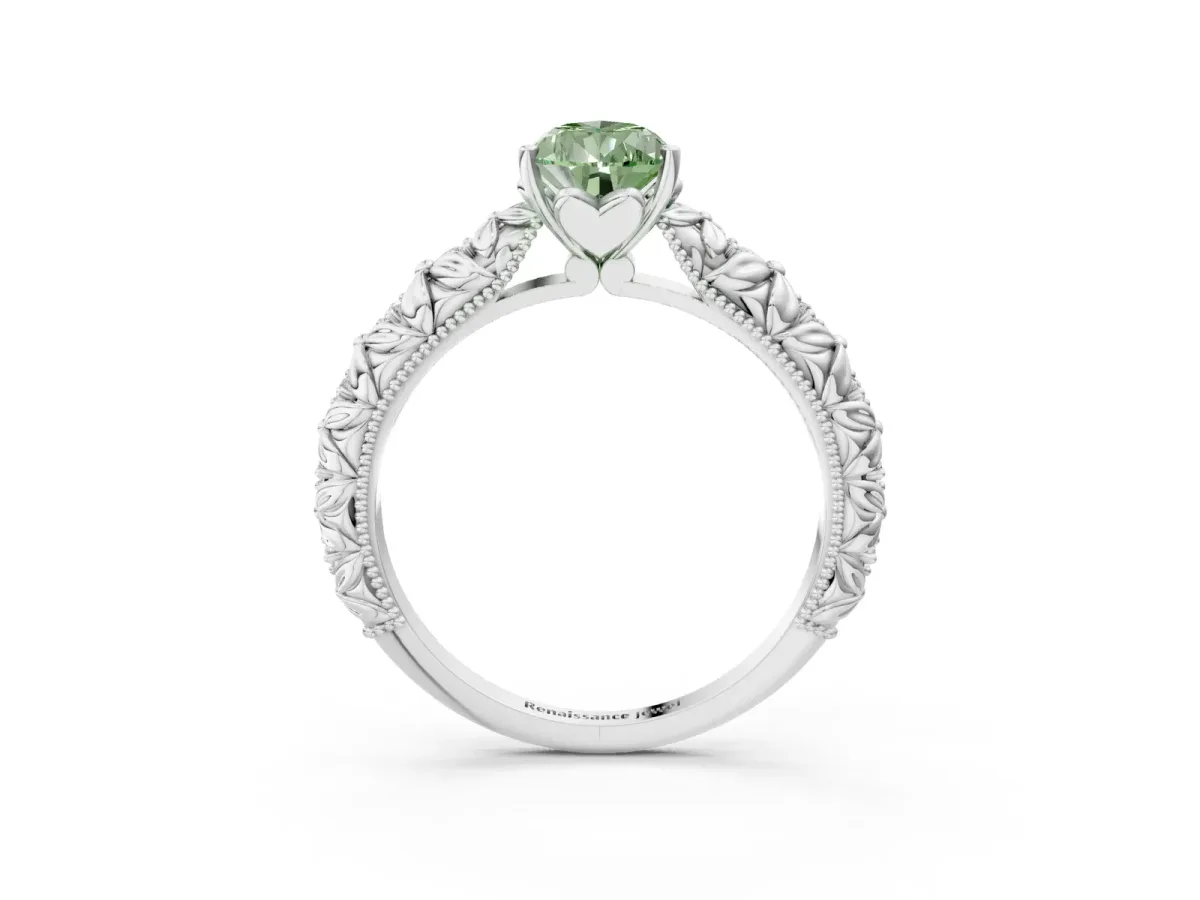 Fancy Green Pear Cut Solitaire Floral Milgrain Engagement Ring Silver