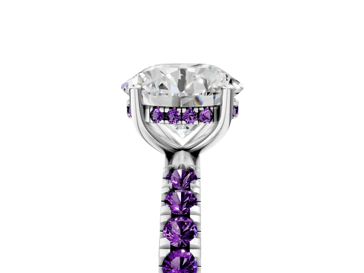 Round Cut Diamond Pave Band Solitaire Ring with Round Amethyst and Prong Setting Silver
